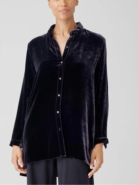 EUC Eileen Fisher Velvet Deep Burgundy Long Tunic Button Down Small BEAUTIFUL 😍